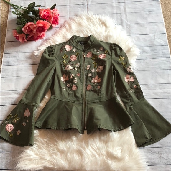 INC International Concepts Jackets & Blazers - INC Embroidered Bell Sleeved Peplum Cargo Jacket